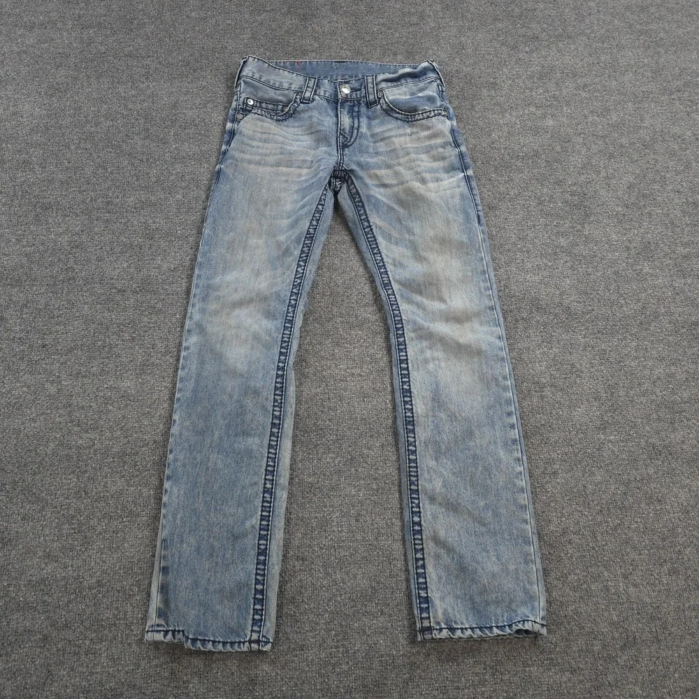 True Religion Jeans Mens 30x33 Light Wash Denim Ricky Straight Logo Casual Prep